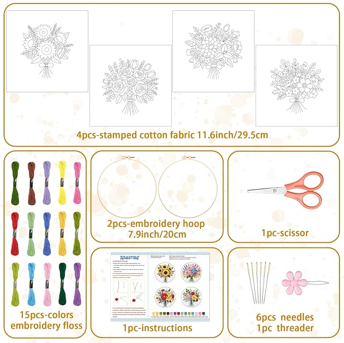 BEUNITONE 4pcs Embroidery Kit, Flower Stamped Embroidery Kits with Hoop, Thread & Needles, Colorful Bouquet Cross Stitch Kits Sewing Gifts for Adults and Beginners, DIY Craft for Relaxation