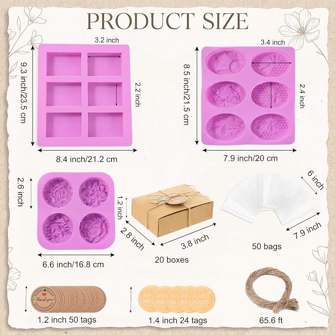 Honeydak Soap Making Kit with 3 Silicone Molds, 50 Clear Bags, 50 Tags, 20 Gift Boxes, 24 Stickers and 65ft Jute Twine, DIY Handmade Soap Mold and Packaging Set for Beginners Gifts Party Favors
