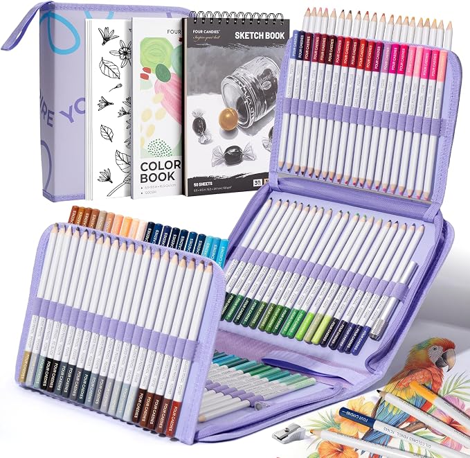 Four Candies 120 Oil-Based Colored Pencils Set with Zipper Case | Soft Core, Durable, Vibrant Colored Pencils for Coloring, Drawing, Blending, Includes 3-Color Sketchbook, Gift for Beginners