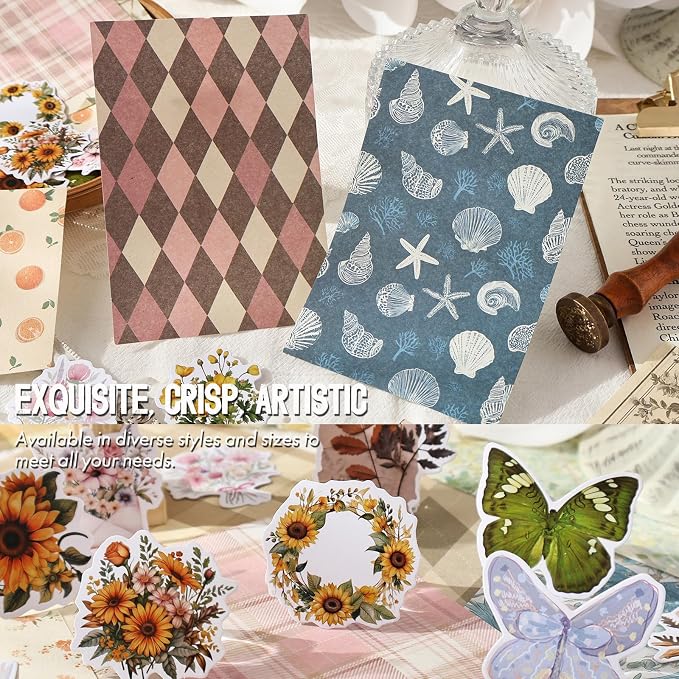 OKUPAN Scrapbook Supplies Kit – 100PCS Vintage Cottagecore Floral Scrapbook Paper & Stickers, 4 Sizes Pastoral Scrapbooking Supplies for Journaling, Card Making & DIY Gifts (Green)