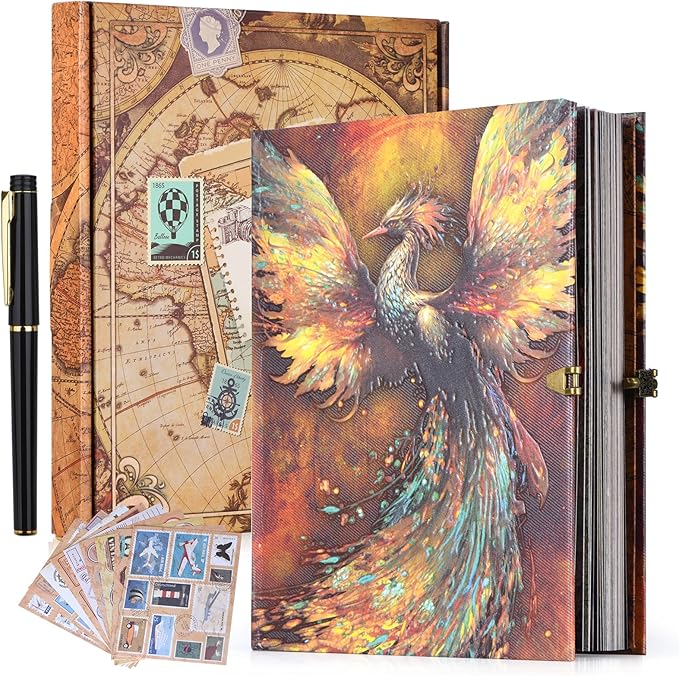 Phoenix Myth Embossed Scrapbook – 124-Page Retro-Style DIY Memory Photo Album, Good Luck Adventure Book for Couples, Anniversaries, Weddings, and Valentine's Day Gifts (Phoenix Luck Style)