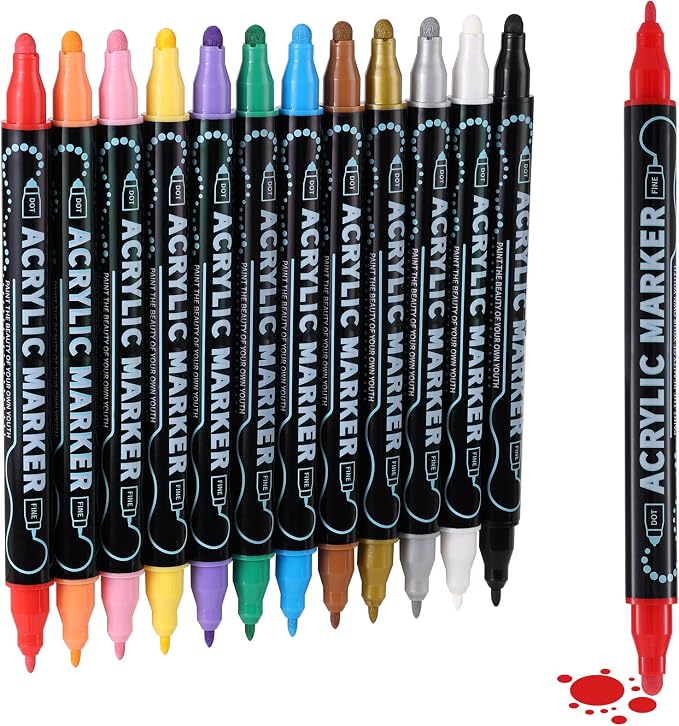 nauets 12 Colors Precision Dual Tip Acrylic Paint Markers Pens - Dot & Fine | Works on Rock, Wood, Fabric, Canvas, Glass, Scrapbook, Paper, Ceramic, Egg, DIY Craft Art Gift - Classroom & School Supplies