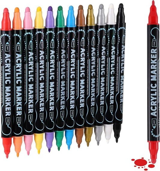 nauets 12 Colors Precision Dual Tip Acrylic Paint Markers Pens - Dot & Fine | Works on Rock, Wood, Fabric, Canvas, Glass, Scrapbook, Paper, Ceramic, Egg, DIY Craft Art Gift - Classroom & School Supplies