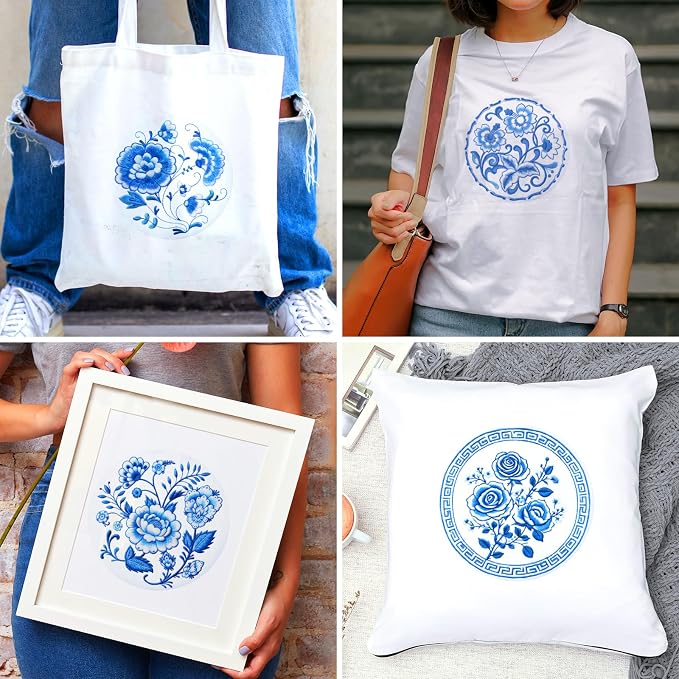 BEUNITONE 4 Set Embroidery Kit for Beginners, Blue Flower Cross Stitch Kits, Needlepoint Kits for Adults with Instructions and Full Kit, Classical Hand Embroidery Patterns for Cloth and Home Decor