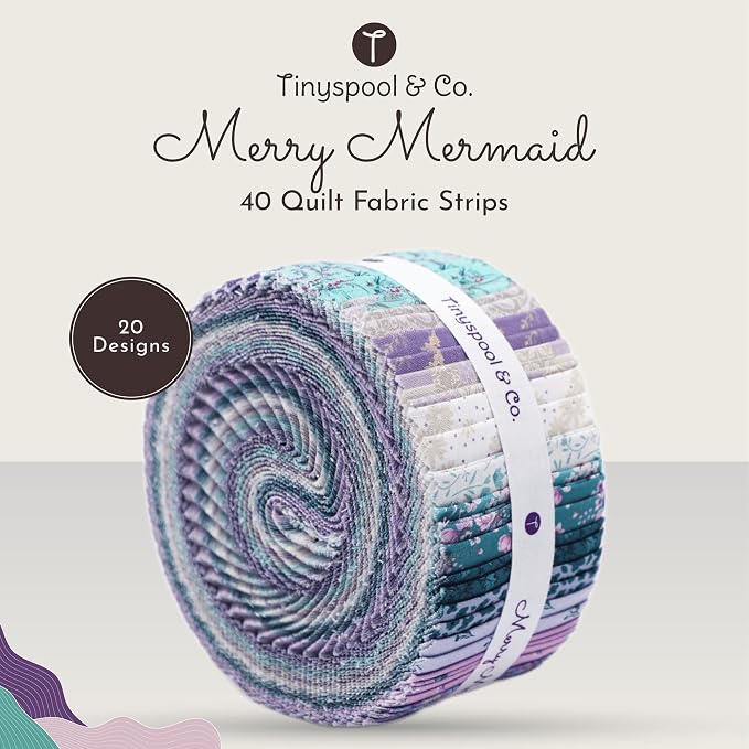 Tinyspool & Co.'s Twirlie Roll 40 Precut Quilting Fabric Strips for Quilting Supplies, Crafting, and Sewing, Soft Cotton Strip for Blanket, Rug, Upholstery, Home Decor, and Purse Making, Merry Mermaid