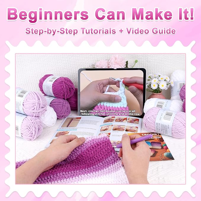 Reessy Crochet Blanket Kit for Beginners Adults – Gradient Purple Ombre Throw Blanket Kit with Soft Chenille Yarn, Hooks & Instructions – Handmade Crochet Starter Set for Adults
