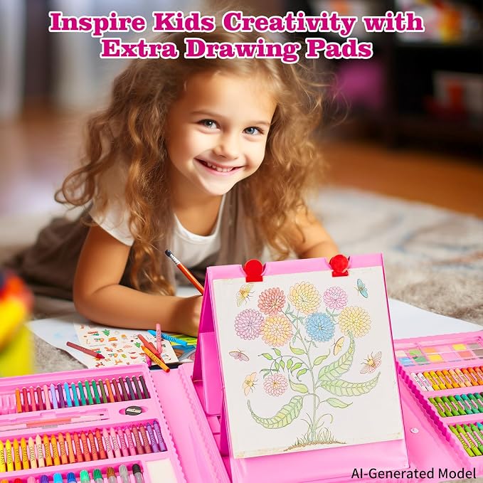 KINSPORY Art Set for Kids, 290 Pack Double-Side Easel Drawing Kits (Pink)