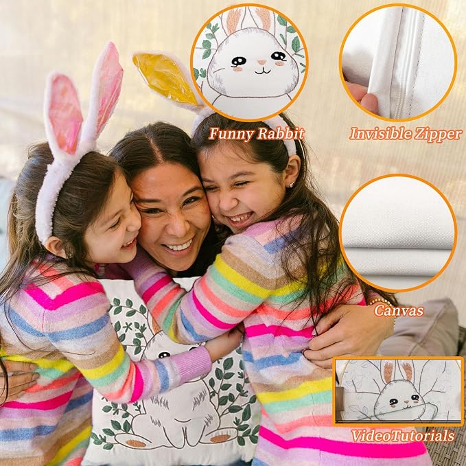 FONNUY Easter Throw Pillow Case Embroidery Kit, Eucalyptus Leaves Happy Rabbit Bunny Stamped Pattern Kits for Audlt Beginners, Hand Works Crafts Throw Pillow Cover, 18 x 18'' (Rabbit 01)