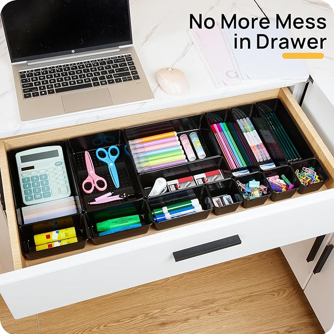 Vtopmart 25 Pack Plastic Drawer Organizers with Non-slip Rubber Pads | 4-Size Versatile Makeup Organizer, Storage Containers Small Bins for Makeup, Jewelries, Bedroom, Kitchen Utensils and Office