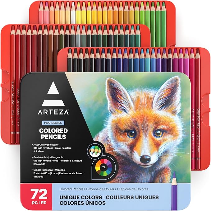 ARTEZA Colored Pencils Set of 72, Soft Wax-Based Colored Pencils for Adults and Artists, 4 mm Break-Resistant Core, Pre-Sharpened Drawing Pencils in Metal Tin for Blending, Shading, Sketching