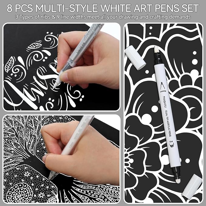 PANDAFLY 8 Pack White Pens Set, White Gel Pens, Dual-Tip Acrylic Paint Pens