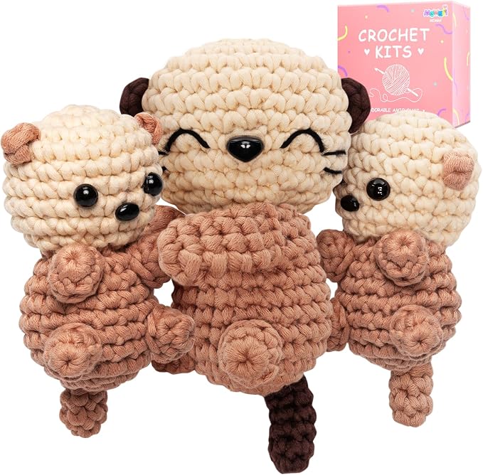 Mewaii Crochet Kit for Beginners, 3 Pack Sea Otter Craft Set | 40% Extra Yarn, Video Tutorial, Pre-Started Piece, Beginner Friendly, Family Craft Gift for Adults & Kids