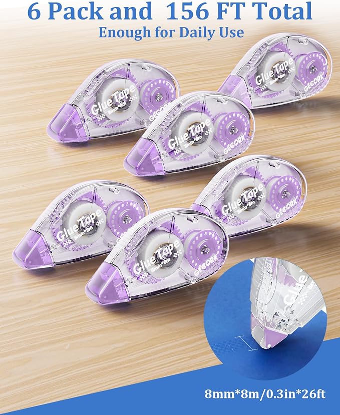 Gecork Double Sided Glue Tape Roller 156 ft Total, 6-Pack, Light Purple | 0.3 in x 26 ft Quick-Dry Tape Runner, Strong Adhesive & Lasting Bond, For Scrapbooks, Journals, Office, School Arts & Crafts