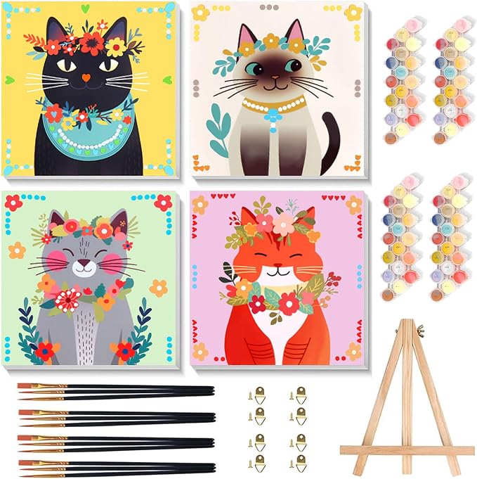 4 Pack Cat Paint by Number for Kids with Wooden Frame - Wooden Easel | Paint by Numbers for Kids Cats Ages 4-8-12, Easy Cat DIY Acrylic Oil Painting Kits for Home Wall Decor (8X8 inch)
