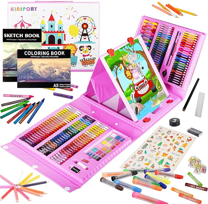 KINSPORY Art Set for Kids, 290 Pack Double-Side Easel Drawing Kits (Pink)