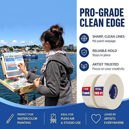 2 Pack Artist Tape for Watercolor Paper, 1 in Wide 295 FT Long | Professional Art Tape, White Masking Artists Tape for Drafting, Painting, Canvas Framing - Acid Free
