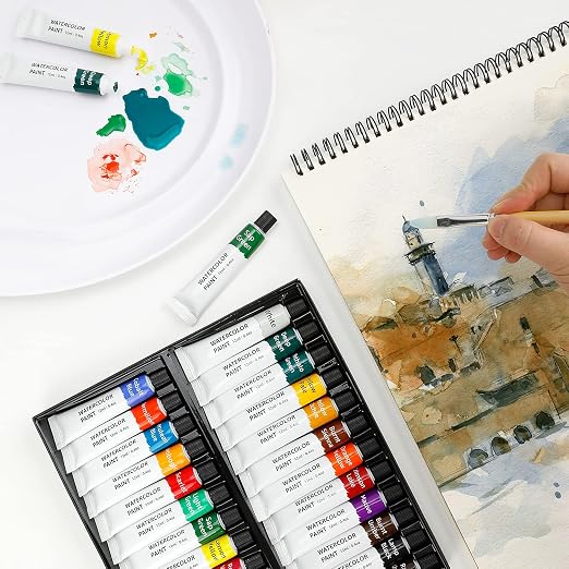 Amazon Basics Vibrant Watercolor Paint Set Tubes, 24 Assorted Colors, 0.4oz, Easy to Mix and Use
