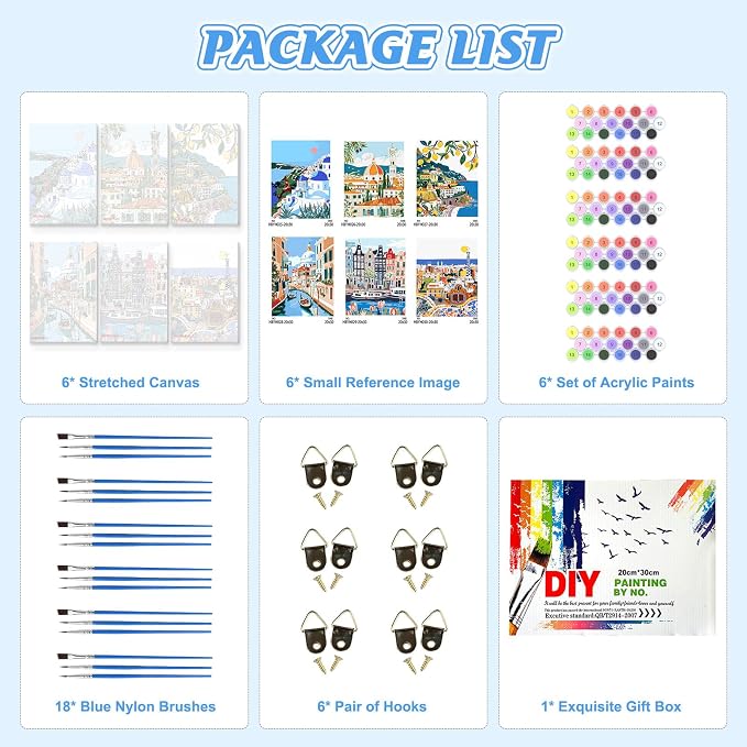 KEYIFA 6 Pack Paint by Numbers Kit, Stretched Canvas Boards for Painting for Adults, No Crease Acrylic Oil Painting for Students Beginners Favor Sip & Paint Party Supplies, Scenery-Cityscape (8x12)