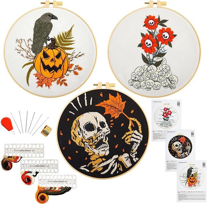 Gothic Halloween Embroidery Starter Kit for Beginners Adults, Stamped Cross Stitch Kit Needlepoint Kit for Beginner Adult, 3 Embroidery Hoop 3 Set Embroidery Supplies (Attached Teaching Video QR Code)