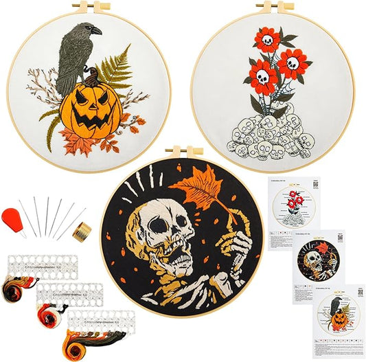 Gothic Halloween Embroidery Starter Kit for Beginners Adults, Stamped Cross Stitch Kit Needlepoint Kit for Beginner Adult, 3 Embroidery Hoop 3 Set Embroidery Supplies (Attached Teaching Video QR Code)