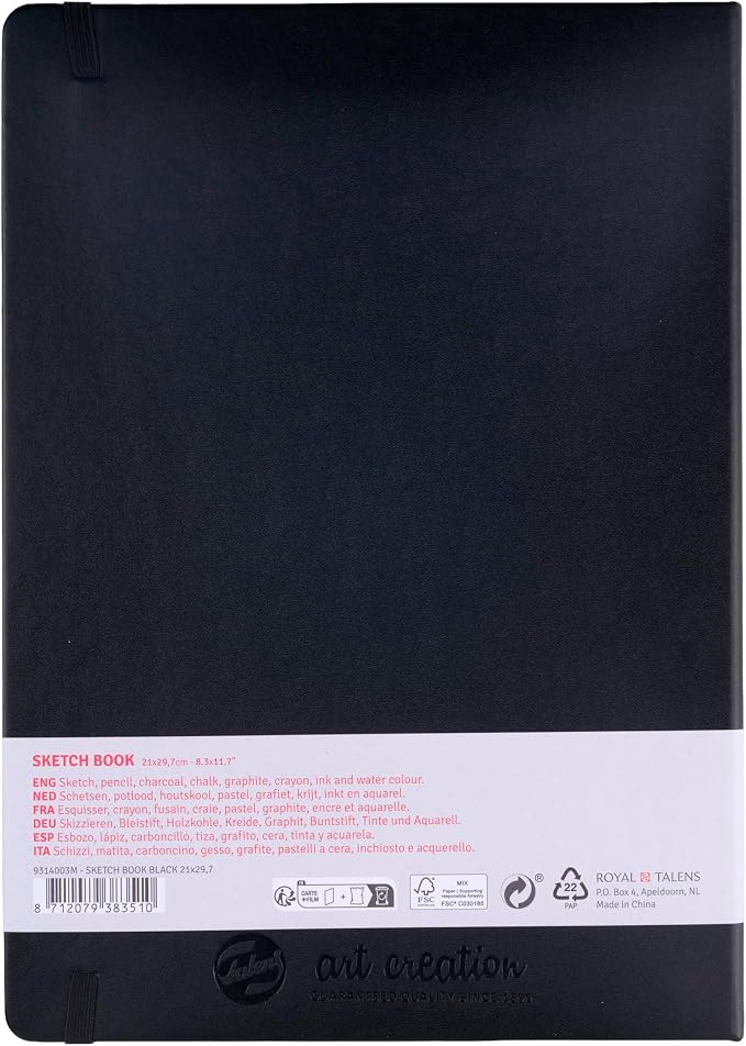 Talens Art Creation Sketchbook, 140 GSM/90 lbs, Black, 8.27 x 11.69 in