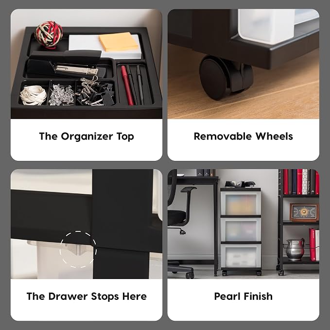 IRIS USA 3-Drawer Rolling Storage Cart, Black/Pearl