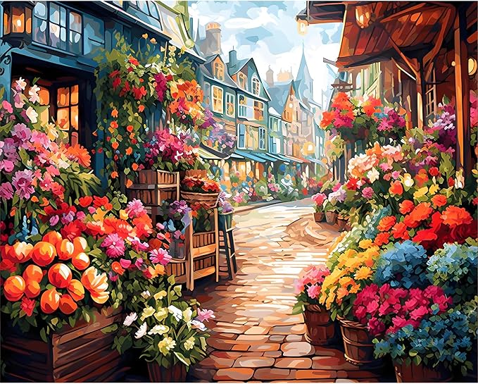 Paint by Numbers Kit for Adults, Flowers Street Number Painting Canvas Kit | DIY Acrylic Painting Set for Beginners, Stress Relief Relaxing Craft, Home Wall Decor, Holiday Gift for Adults, 16x20 Inch