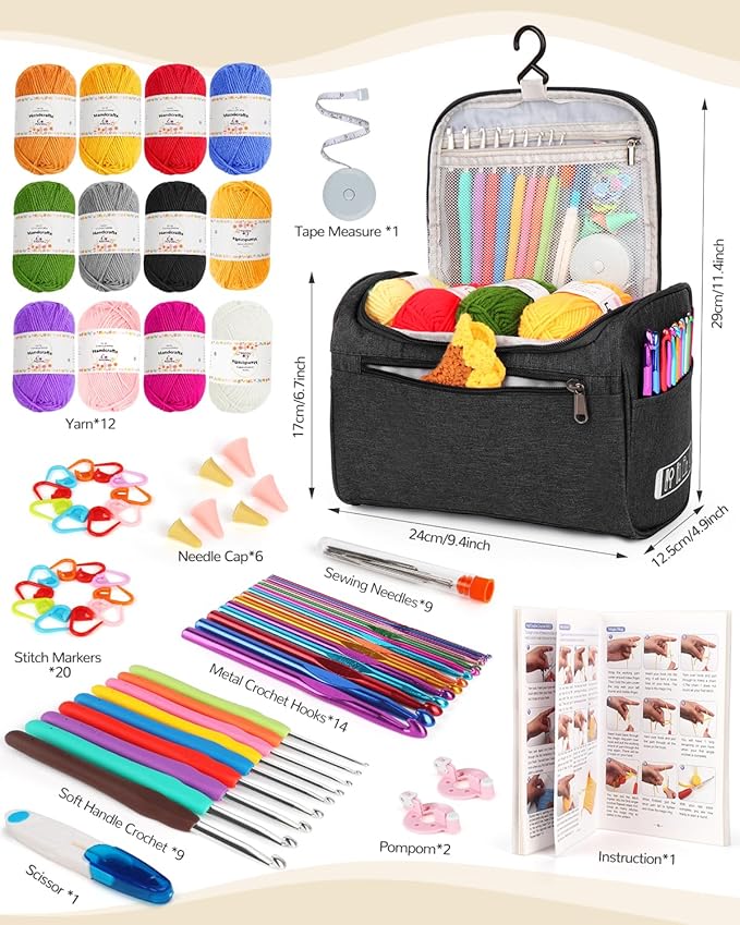 Aeelike Crochet Kits for Beginners Adults Kids, Complete Crochet Set, Black | Crochet Kit for Beginners Young and Old, All-inclusive Kit with Crochet Hooks 655 Yards Yarn Instruction Knit Bag, Ideal Gift