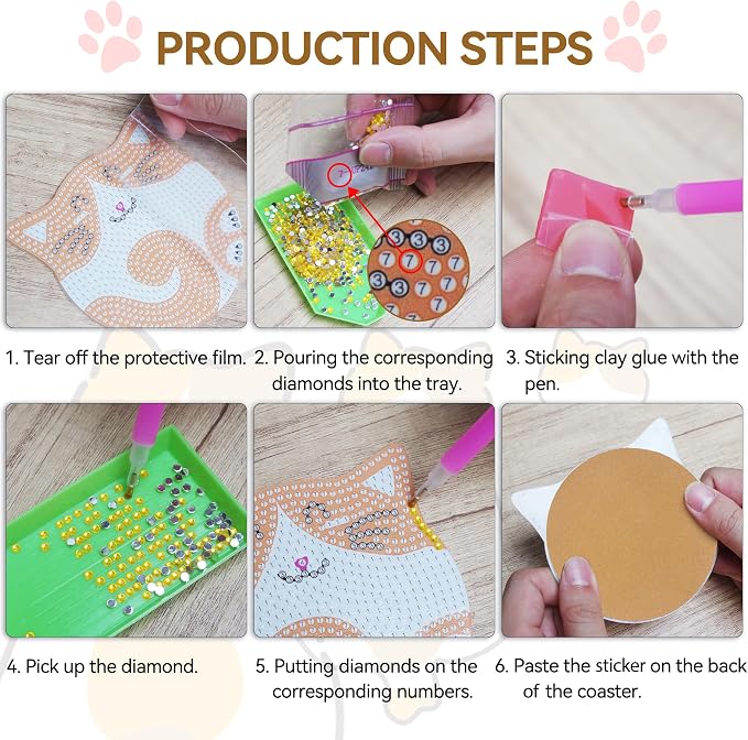Vcekract 6 Pcs Cat Diamond Art Coasters Kit for Adults | Diamond Painting Coasters with Holder & Protective Backing, Diamond Art Adult Crafts for Table Home Decoration
