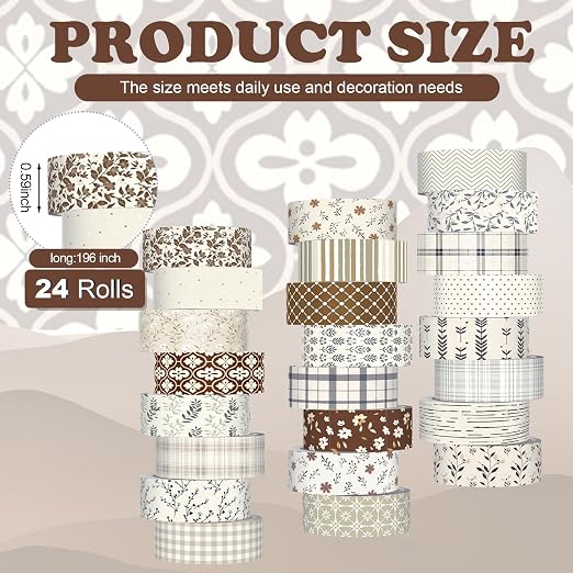 Gueevin 24 Rolls Floral Washi Tapes Set Scrapbook Supplies, Neutral | 15 mm Watercolor Flower Washi Tapes, Back to School DIY Craft Arts, Junk Journaling Planner Gift Wrapping Supplies