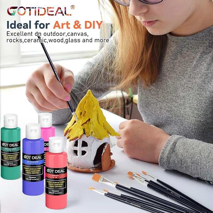 GOTIDEAL Acrylic Paint Set, 24 Colors (100ml, 3.4 oz), with Paint Brushes | Paint Kit, Perfect for Artist, Beginner, Ideal for Wood, Canvas, Rocks, Craft Painting Supplies