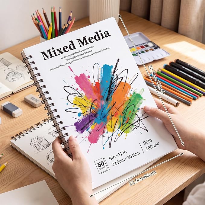 9 × 12 Inch Sketch Book, Spiral Bound Drawing Pad, Perforated Pages | Abstract Cover, Smooth Paper for Pencil Charcoal Pastel Ink, Folds Back Easily, Tear-Out Sheets for Class Or Travel