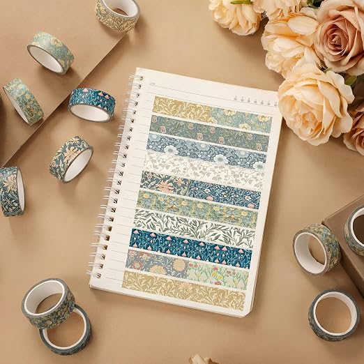 12 Rolls Floral Washi Tape Set,Earthy Tones,William Morris | Watercolor Flowers Design for Scrapbook Journal DIY Craft School Supplies, 15 mm Vintage Decorative Masking Washi Tapes