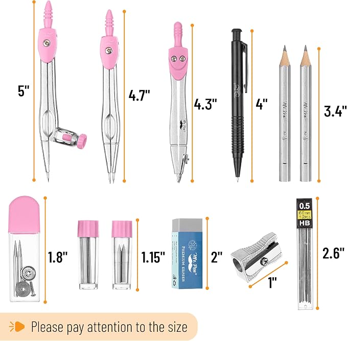 Mr. Pen- Geometry Set, 15 pcs, Pink, 6 Inch Swing Arm Protractor, Divider | Set Squares, Ruler, Compasses and Protractor