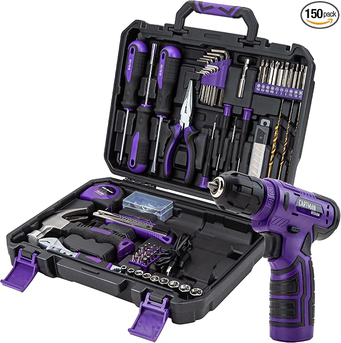 CARTMAN 150PCS 8V Cordless Drill Hand Tool Set, Purple Household Repair Kit | All-Inclusive Tool Assortment With 8V Drill, Great For Home Upkeep, DIY Crafting And Daily Household Fixes
