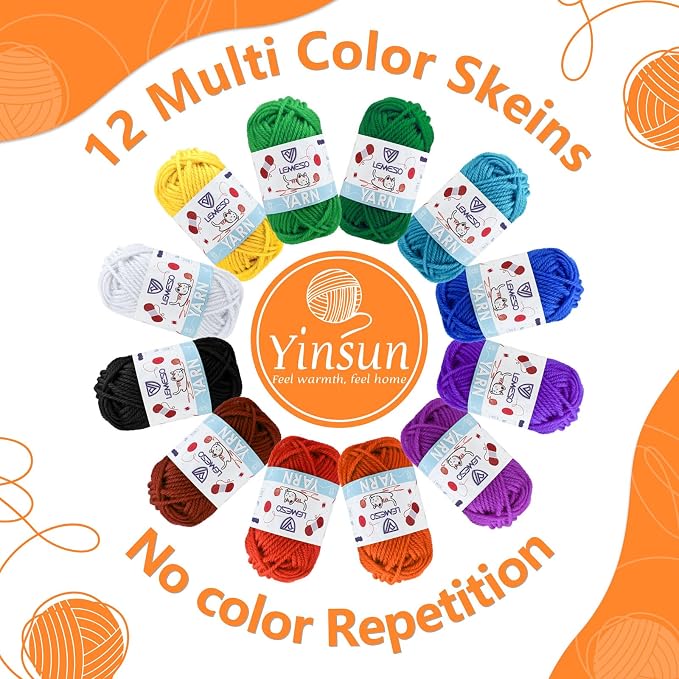 Yinsun 12 Crochet Yarn for Crafts, Mini Acrylic Yarn for Beginners (12x15g) | 12 Colors Yarns, Yarn Bulk, Rainbow Colors, for Starters, Knitting Crochet Crafts, estambres para tejer a crochet