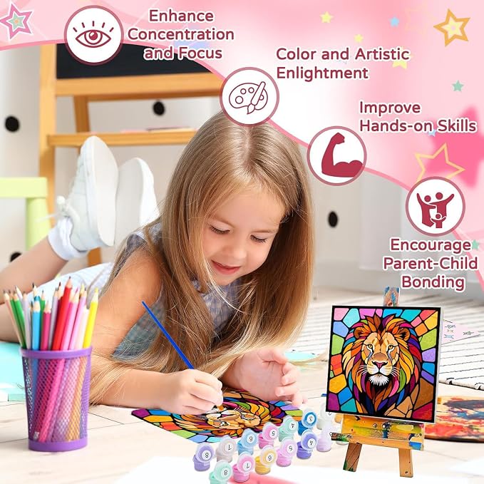cviokrdu 4 Pack Paint by Numbers Kit for Kids with Frame - Wooden Easel, Animal Paint by Numbers for Kids Ages 4 8 12, Easy Animals Acrylic Oil Painting Kits for Home Wall Decoration 8x8 inch