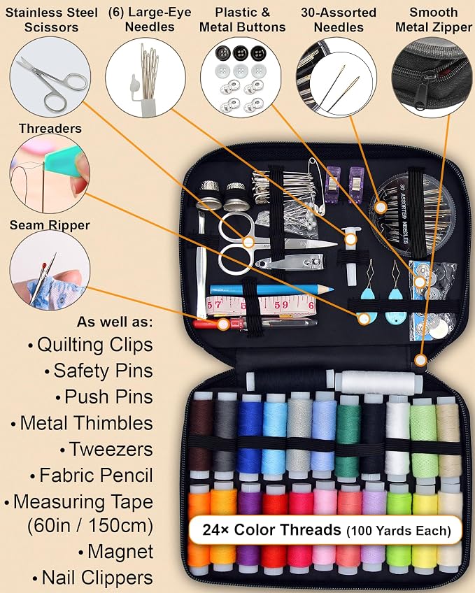 VelloStar Sewing Kit for Adults, Floral Needle and Thread Travel Repair Kit | Complete sewing kit with 24 thread colors, 30 needles, scissors and a seam ripper for quick clothing repairs