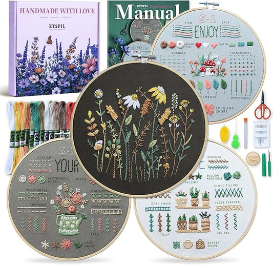ETSPIL Embroidery Kit for Adults, 2 Hoops, 4K Slow-Mo, Pre-Printed Patterns | Stitch Together. 17 Vibrant Floss, Bound Guide. Needle Minder, Storage Tube, All Tools. No Washing. Relaxing Craft for Women