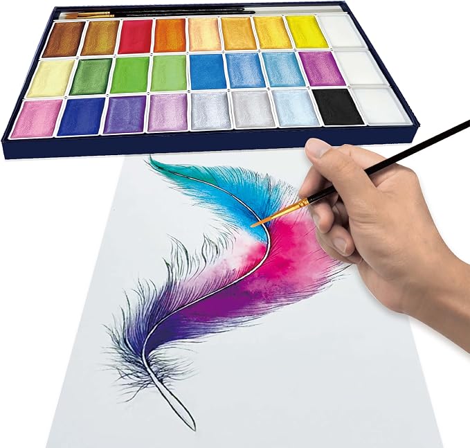 6ML Shimmer Watercolor Paint Set, 24 Colors Glitter Metallic Watercolour Painting Sets, Solid Pearl Water Color Paints for Artists, Amateur Hobbyists and Painting (24 Colours)