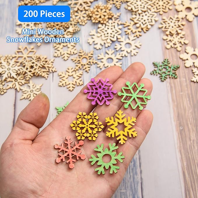 200 Pcs Unfinished Wooden Snowflake Ornament DIY Wood Snowflakes Cutouts Blank Wood Slices Christmas Tree Hanging Ornaments Embellishments for Winter Christmas Xmas Tree Craft Decorations,1.2 Inch