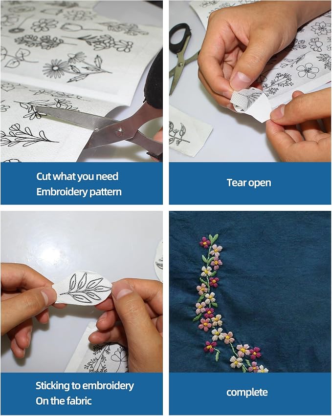 YUYUZSEN 44 Pcs Water Soluble Hand Sewing Stabilizers，Embroidery Stick and Stitch Embroidery Paper Wash Away，for Embroidery Stabilizers Flower Patterns，for Hand Sewing Lover Beginners（Plants Flowers)