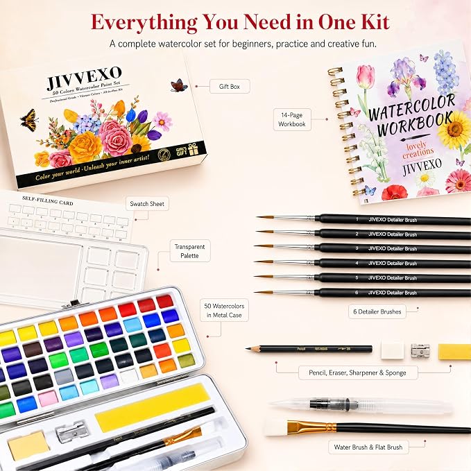 50 Colors Watercolor Paint Set with Watercolor Workbook for Adults | Travel Watercolor Set with 14 Pre-Drawn Projects, 1 Water Brush, 6 Detail Brushes & Painting Supplies for Teens & Beginners