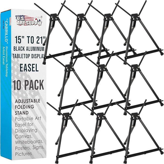 U.S. Art Supply Tabletop Easel for Painting - 15" to 21", Black, Pack of 10 | Adjustable Metal Painting Easel - Portable Art Easels for Display Table Stand - Canvas, Whiteboards, Posters, Signs, Drawings