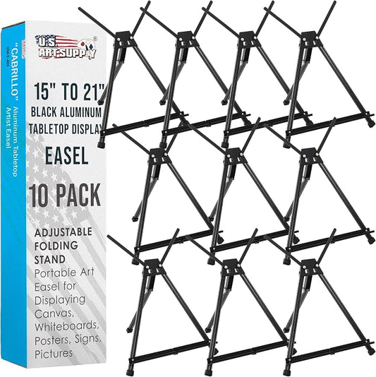 U.S. Art Supply Tabletop Easel for Painting - 15" to 21", Black, Pack of 10 | Adjustable Metal Painting Easel - Portable Art Easels for Display Table Stand - Canvas, Whiteboards, Posters, Signs, Drawings