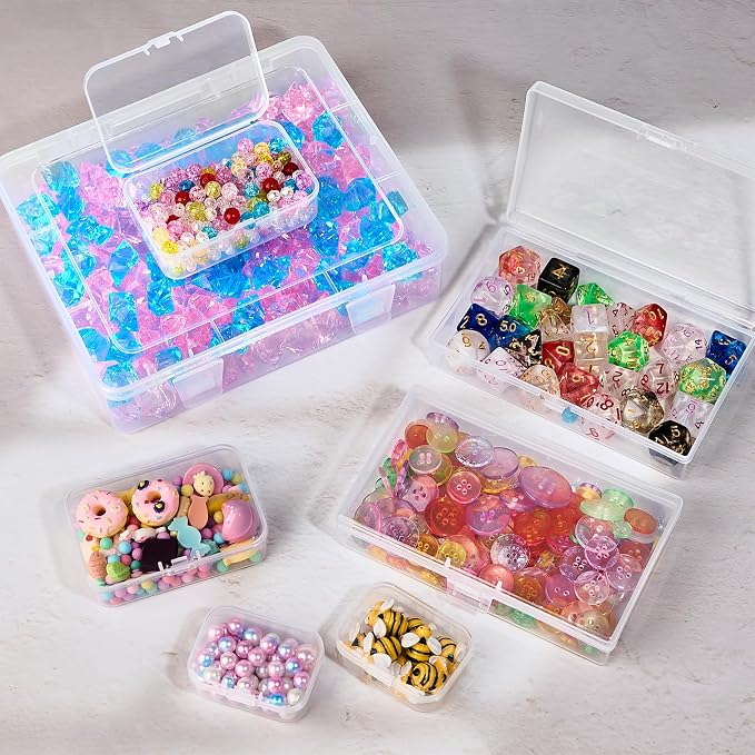 Clear Small Plastic Storage Containers with Lids, 7 Pack | Rectangular Mixed Sizes Mini Bins, Art Craft Supply Storage Boxes, Drawer Organizer with Lid, For Small Items Organizing
