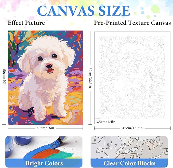 Dog Paint by Numbers Kit for Adults Beginner,Animal,16x20 | Full set with wooden brushes,rolled canvas,rich paints.Calming activity.Beginner friendly.Just open and paint.