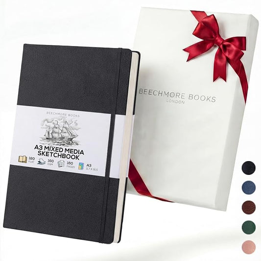 Beechmore Books A3 11.7x16.5 Mixed Media Sketchbook 160 GSM/98lb, Gift Box | Hardcover Drawing Pad with Lay-Flat Binding, Extra Large Perforated Ivory Paper for Studio Drawing & Watercolor Work