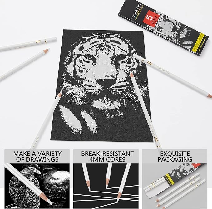 MARKART Professional White Charcoal Pencils Set, 5 Pieces | Sketch Highlight Charcoal Pencils for Drawing, Sketching, Shading, Blending, White Chalk Pencils for Beginners & Artists