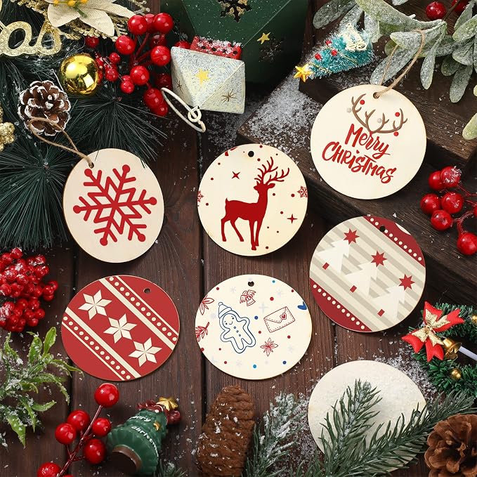Jetec 120 Pcs Wooden Circles with Holes Unfinished Round Discs for DIY Craft Painting, Engraving, Christmas Ornaments, Gift Tags, Wedding Decorations
